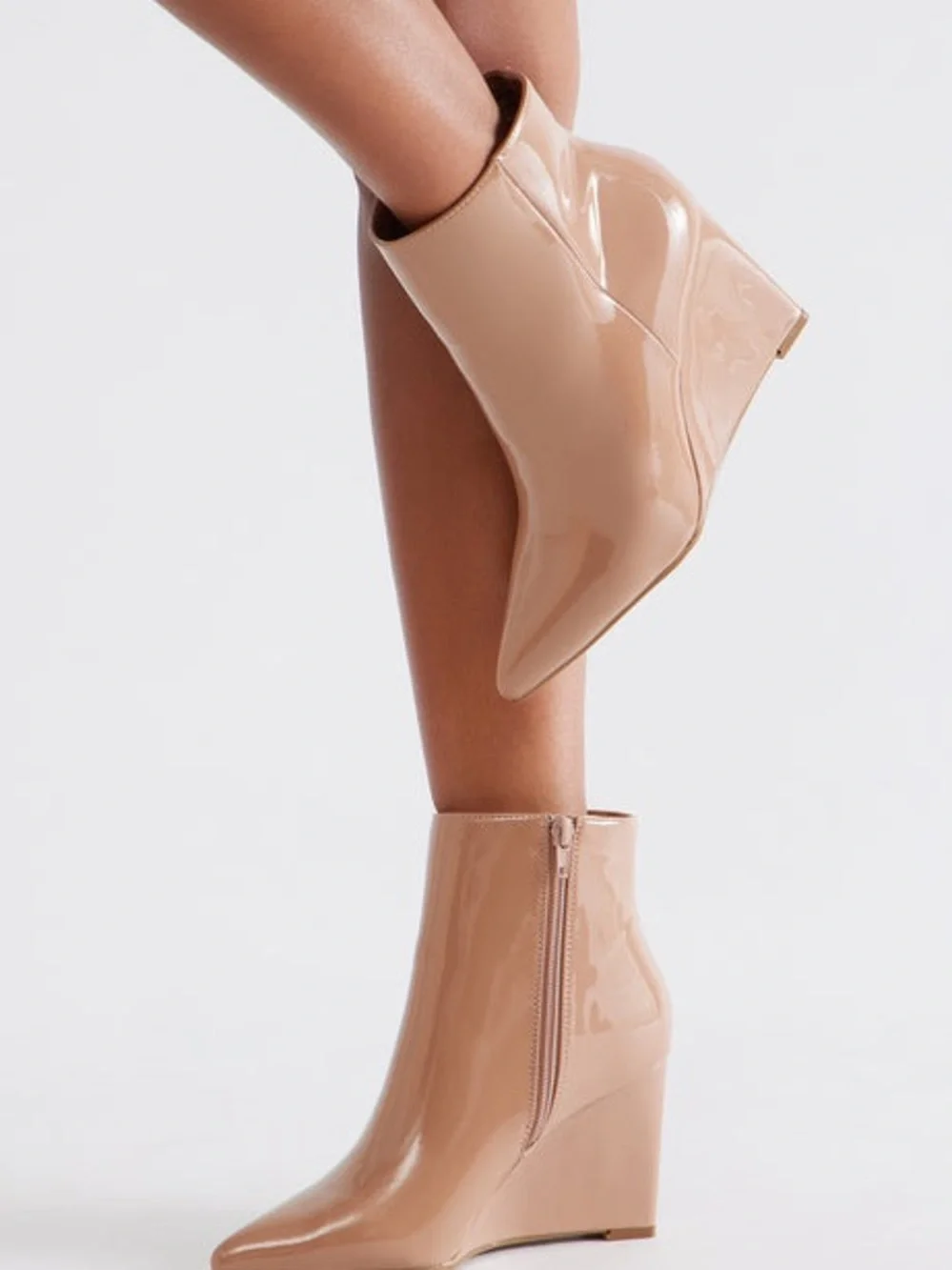 Nude Patent Leather Wedge Ankle Booties